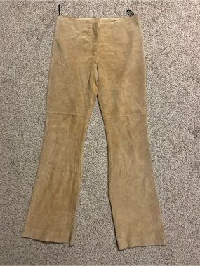 Vtg Y2K Bebe Genuine Leather Flared Pants Womens 8 Tan Genuine Suede 70s style